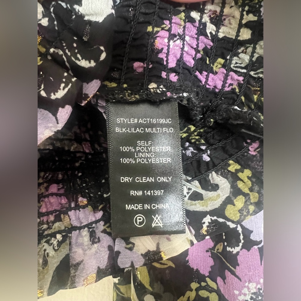 ASTR Floral Blouse Long Sleeve Ruffle Shoulder Black Purple Green Semi Sheer Med - Picture 11 of 14